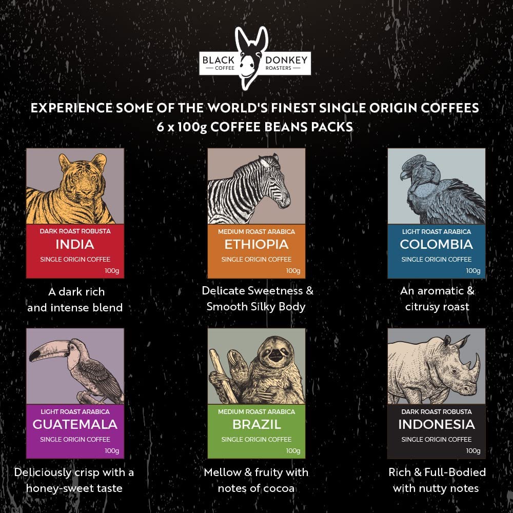 Gourmet Coffee Beans Gift Set - COFFEES OF THE WORLD - Whole Coffee Beans 600g (6 x 100g) - 6 Finest Single Origin Coffees